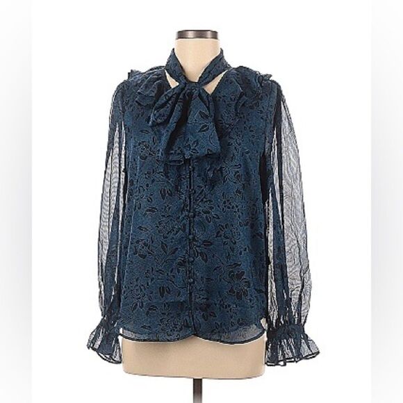 ANN TAYLOR PRINT RUFFLE NECK TIE BLOUSE - Picture 1 of 2